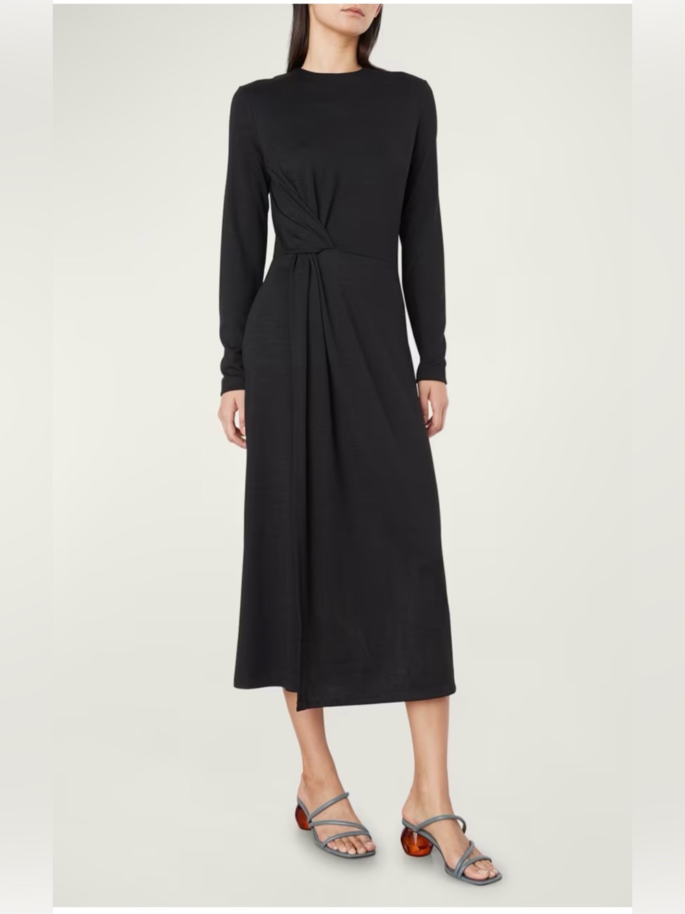 Vince Side Twist Black Midi Dress Small Long Sleeve A-Line Minimalist
